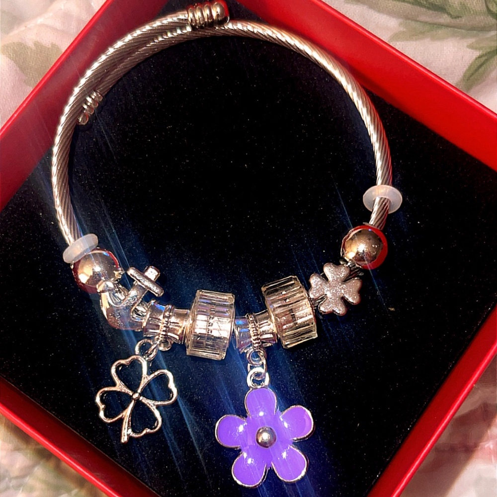 Silver Adjustable Charm Bracelet, Flower, Anchor and Clover St Patrick’s Day
